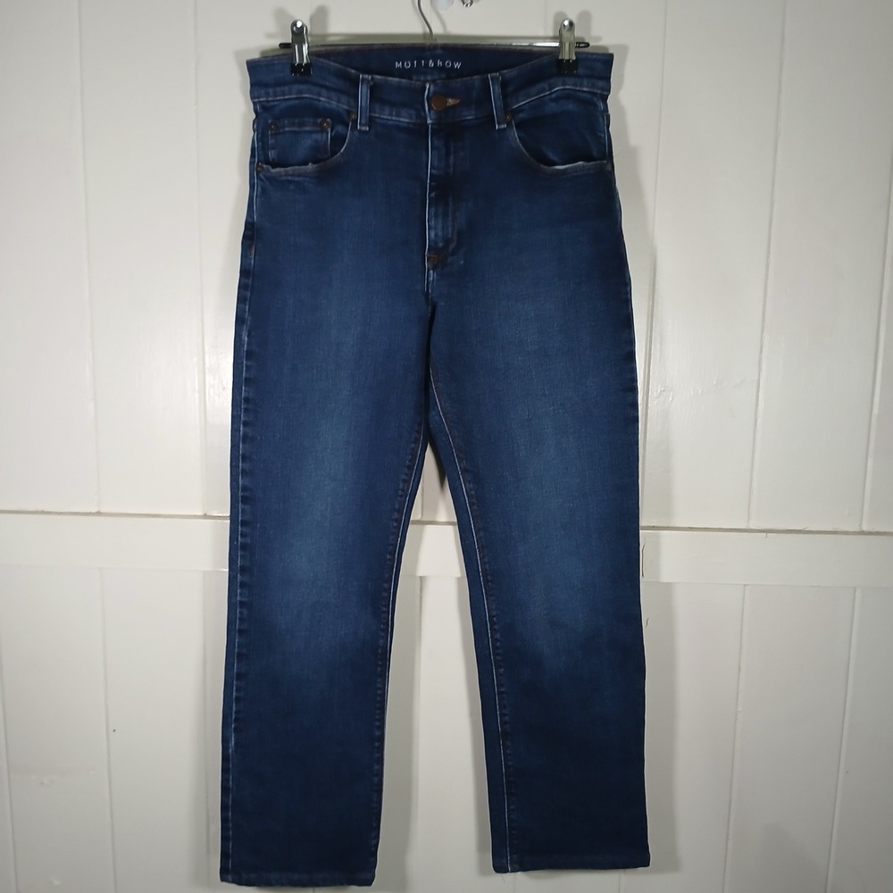 Mott & Bow Straight Jeans Mens 32 x 28 (tag 31x30) Dark Wash Blue Stretch Denim